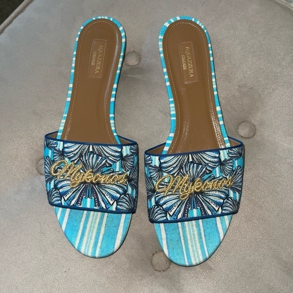 AQUAZZURA Mykonos Shell-Print Slide Sandals Blue Pattern Bright Travel Slides 41 - Picture 8 of 12